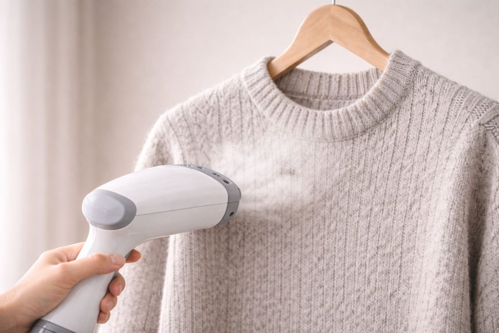 minimalist-close-up-handheld-steamer-releasing-steam-onto-light-grey-premium-wool-sweater-on-wooden-hanger