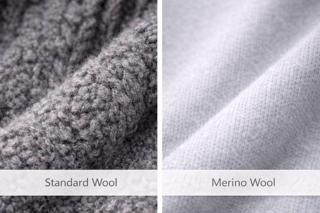 split-screen-macro-photo-left-standard-wool-dark-heather-grey-rugged-coarse-textured-knit-right-merino-wool-soft-light-grey-fine-gauge-smooth-refined-knit