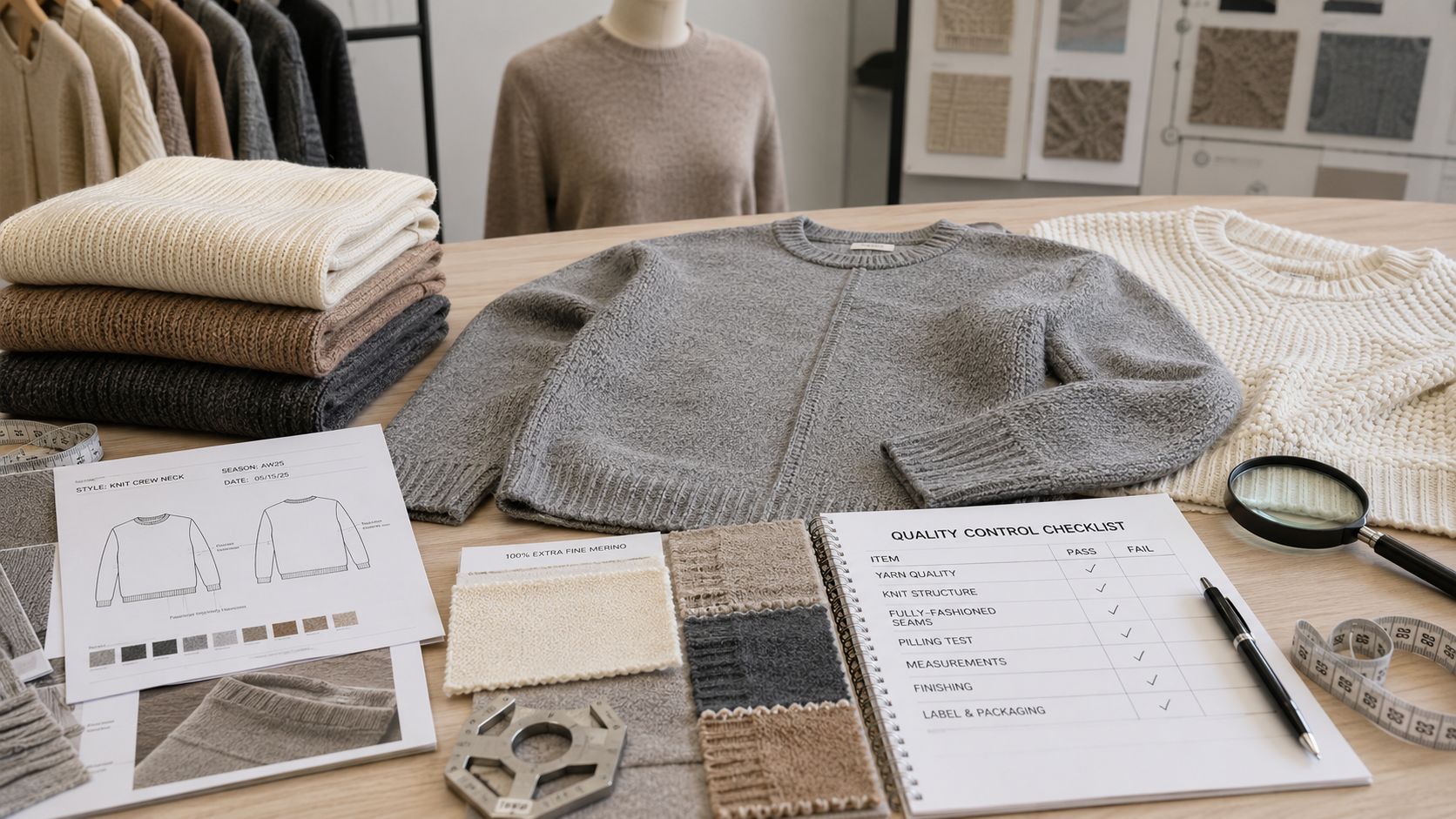 A professional knitwear quality inspection scene showing pilling test samples, fully-fashioned seams, sweater prototypes, tech packs, and a quality control checklist