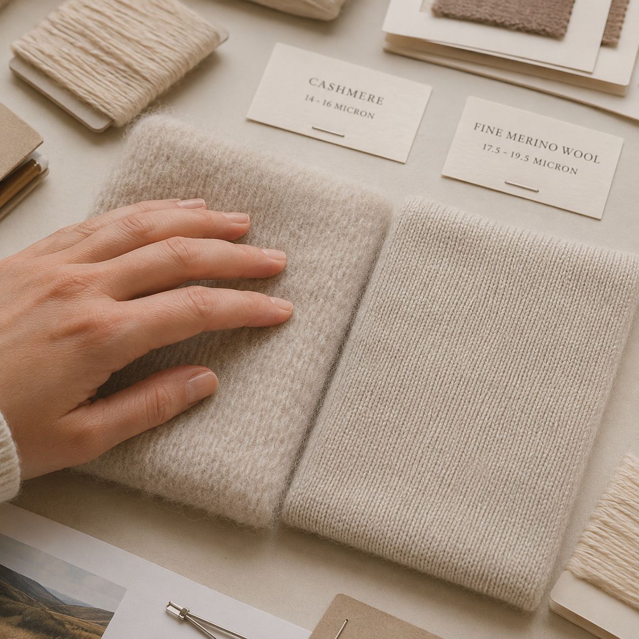 A soft hand touching fine merino wool and cashmere swatches on a clean worktable, with micron labels, yarn cards, and a calm premium textile testing atmosphere