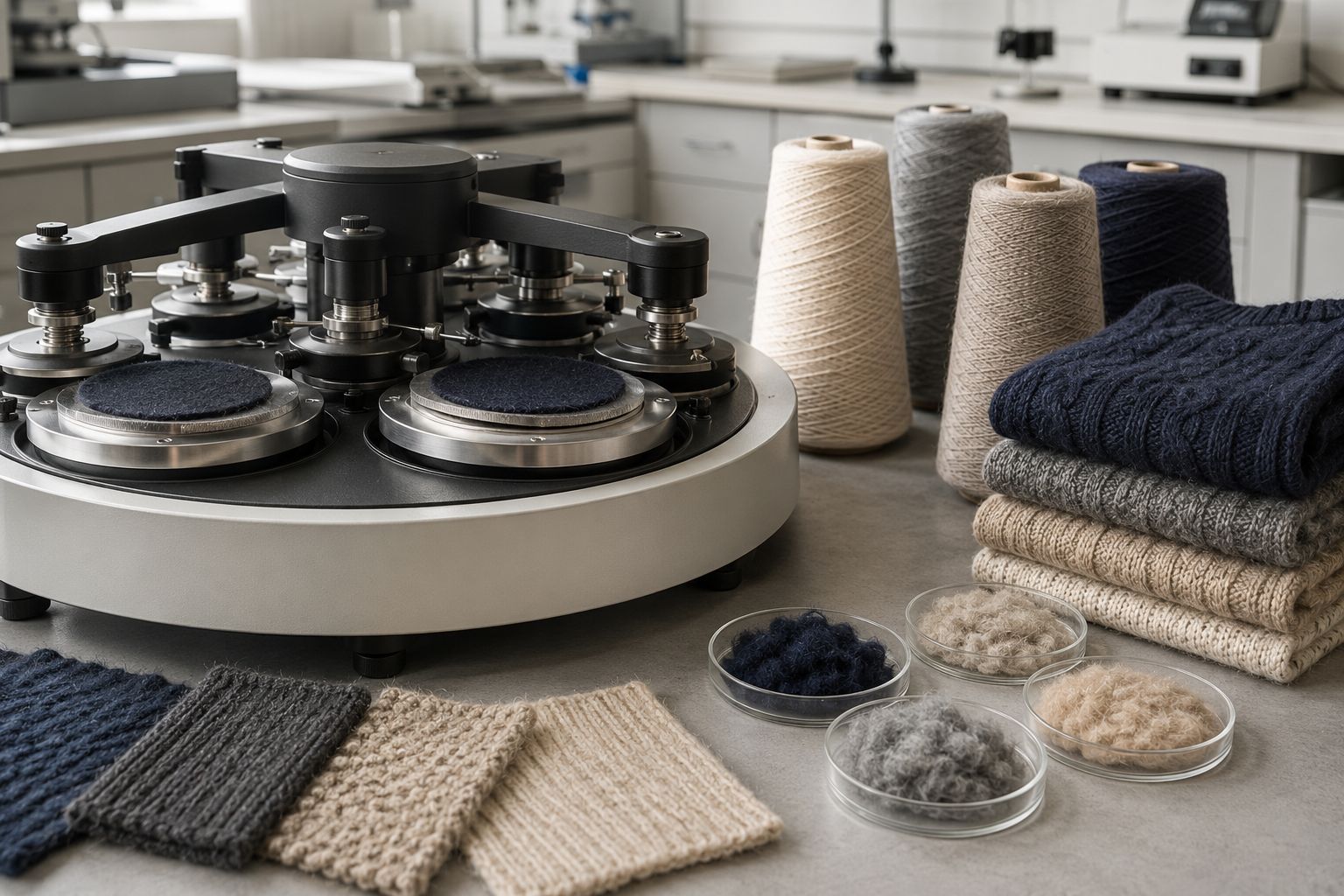 Anti-pilling wool yarn testing with Martindale and shedding samples