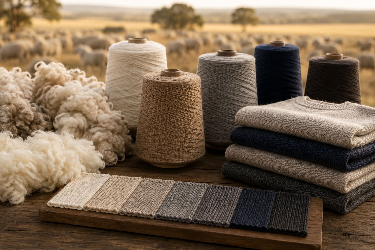 Australian sheep farm wool fibers and yarn cones for knitwear production