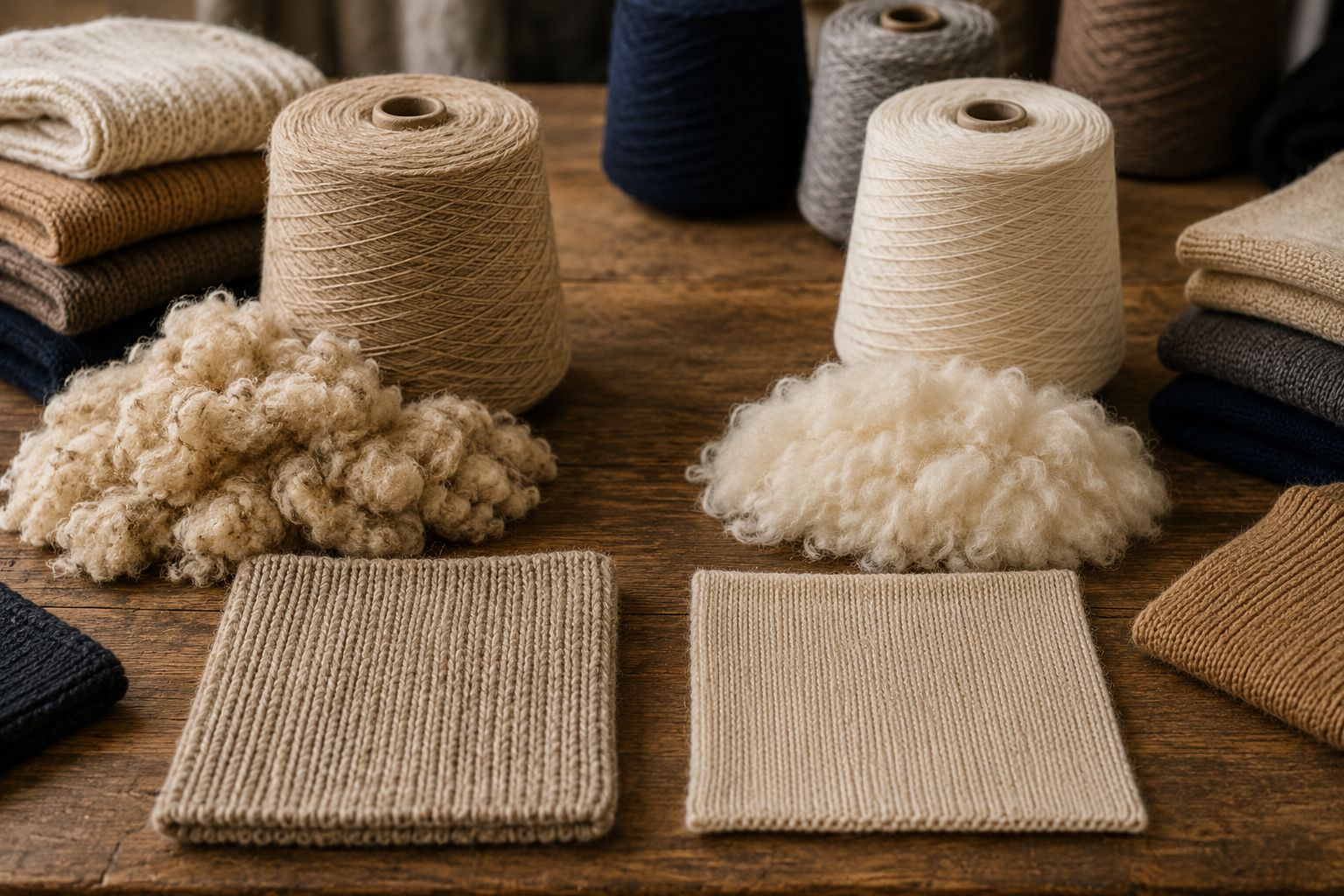 Australian wool and Australian merino wool fiber comparison on textile table