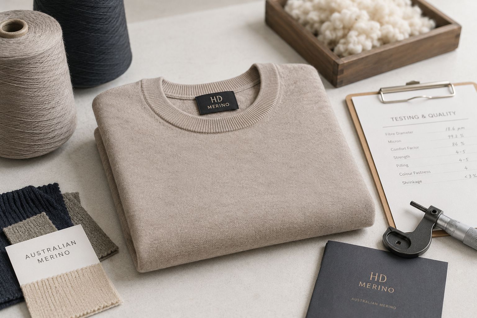 Fully-fashioned Australian merino sweater production with lab testing notes