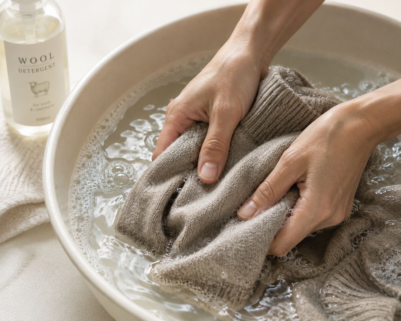 Macro close-up of coarse wool fiber and fine merino wool fiber touching skin