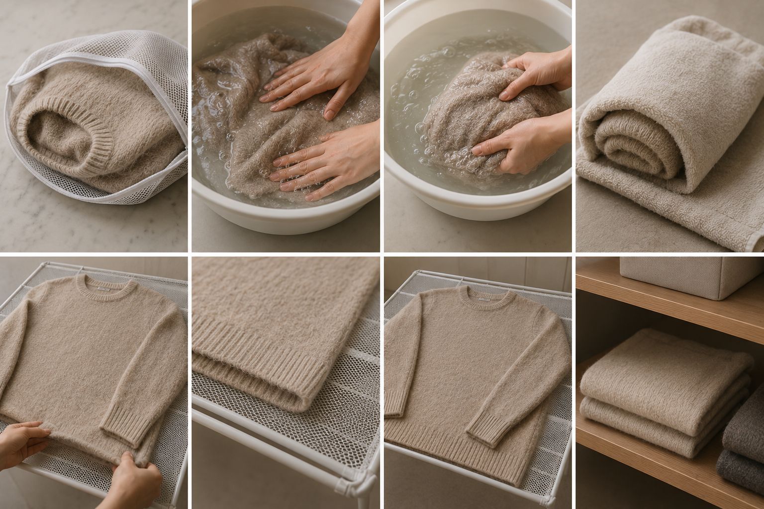 Gentle wool sweater washing and flat drying to reduce shedding