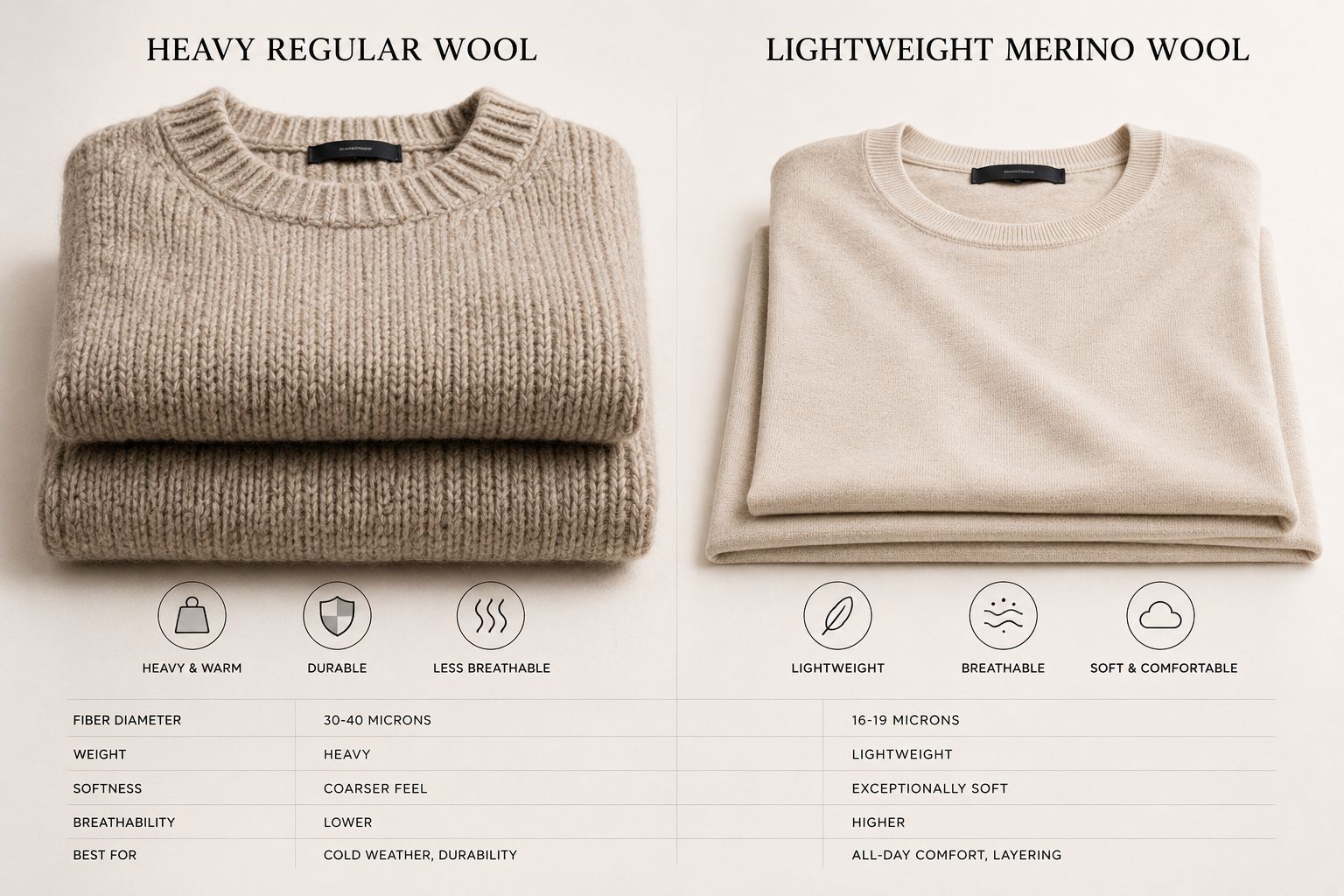 Heavy regular wool and lightweight merino sweaters