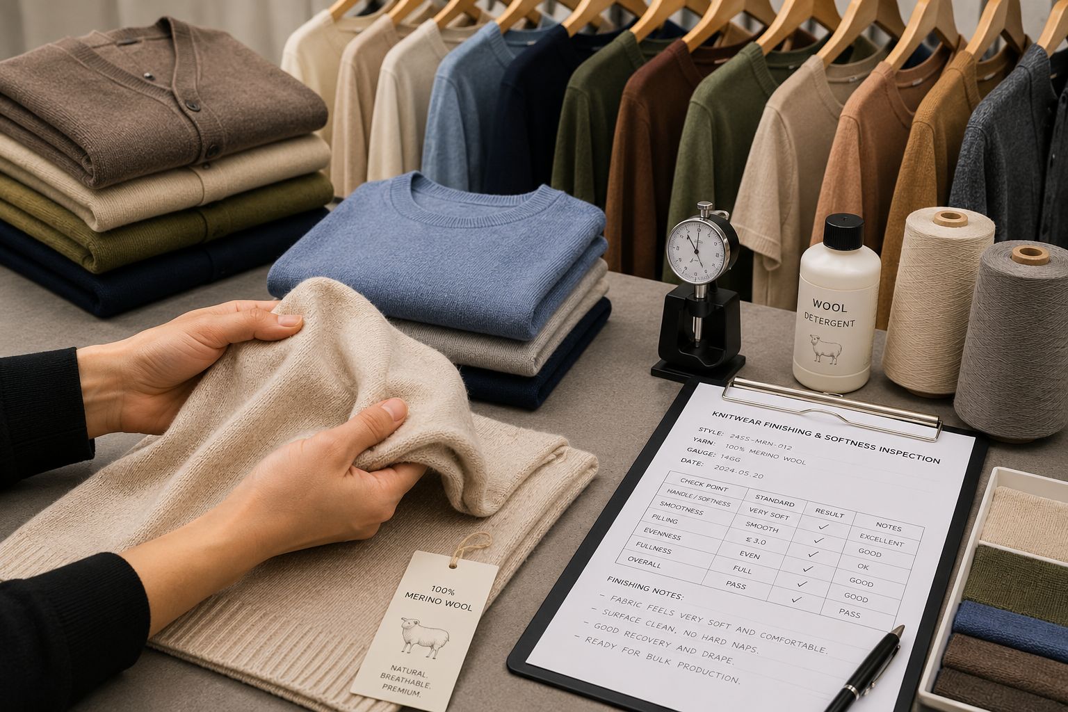 Knitwear factory softness inspection with merino sweater samples and finishing notes