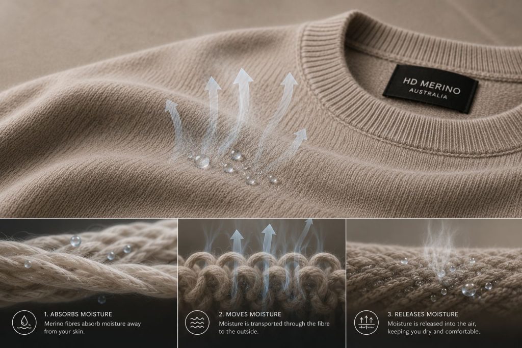 Merino wool sweater moisture management and breathability
