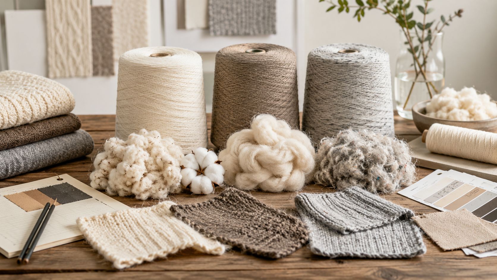 Organic cotton merino wool and recycled fibers on a textile worktable