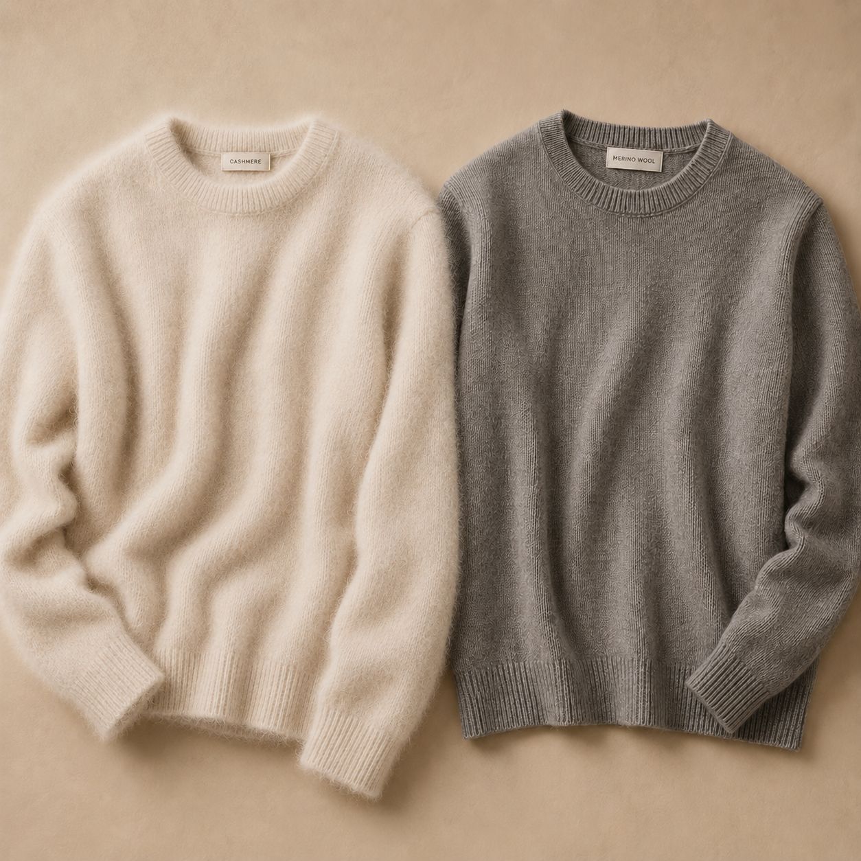 Two winter sweaters made from cashmere and dense merino wool placed side by side, with visual emphasis on fabric density, yarn loft, knitted structure, and warmth