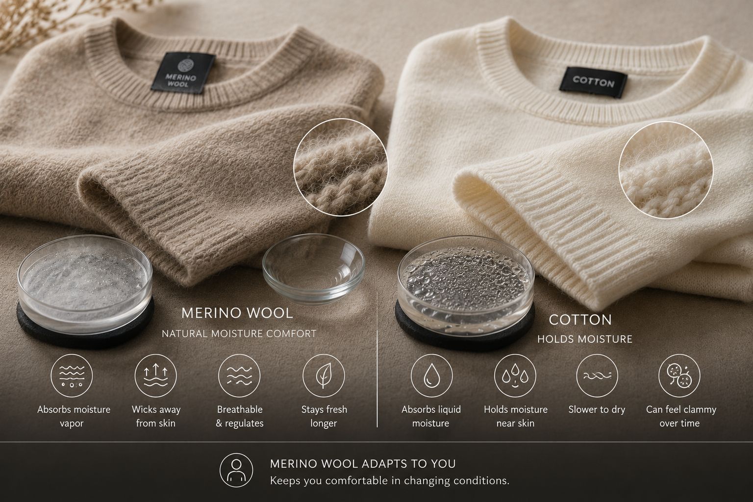 Wool and cotton sweater moisture comfort comparison on textile table