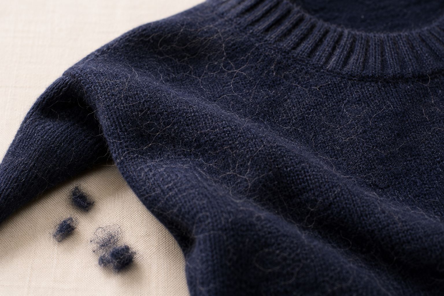 Wool sweater fiber shedding close-up with loose surface fibers