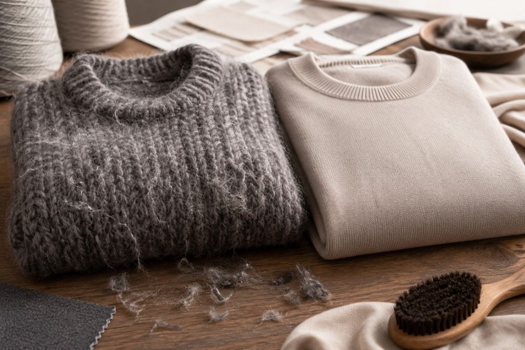 Wool sweater shedding and yarn care on textile table