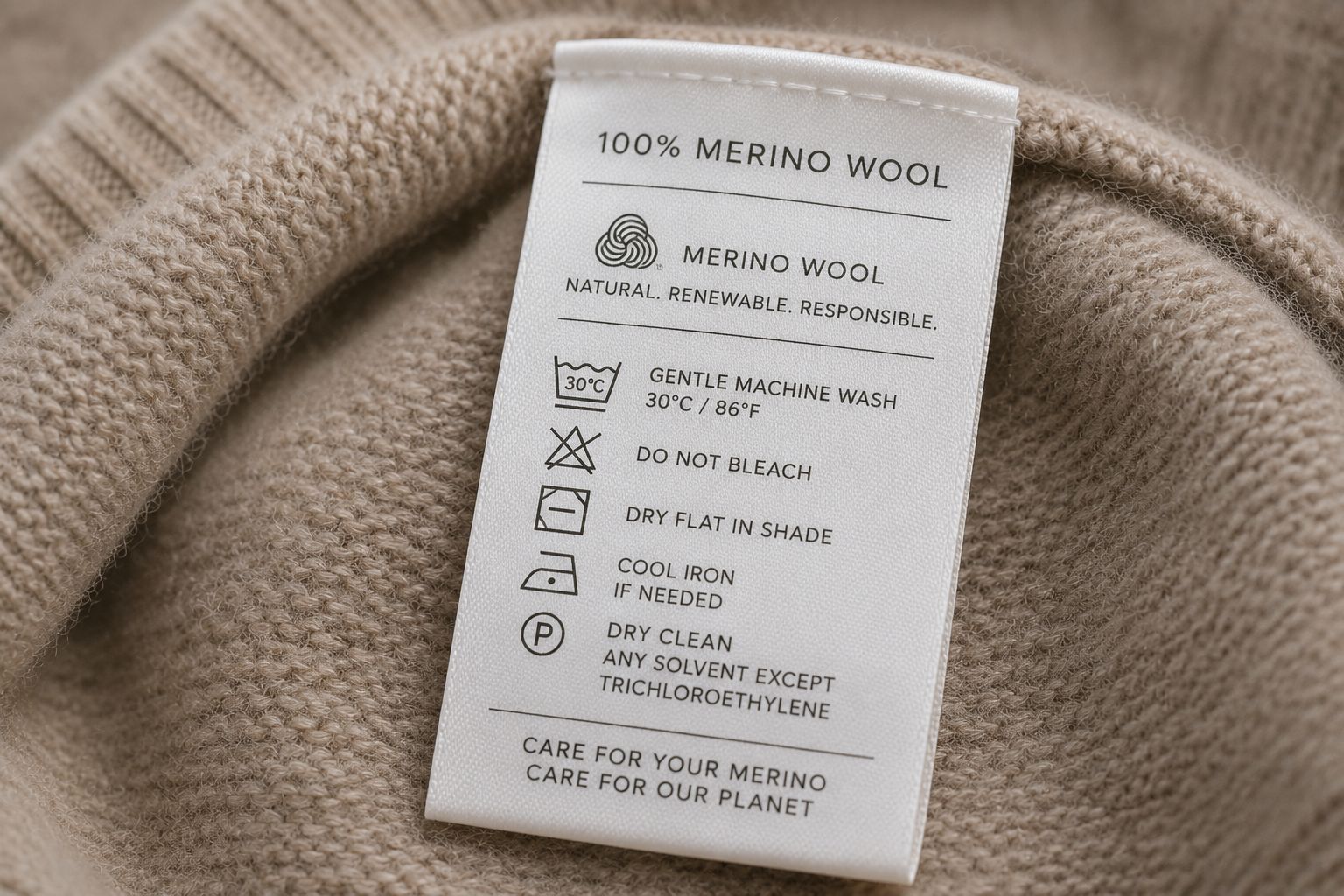 A care label on a merino wool garment indicating gentle washing