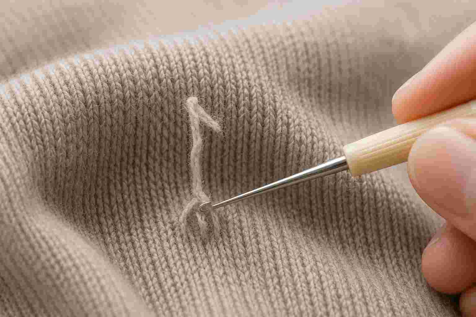 A close-up of a snag repair tool fixing a pulled thread on a knit sweater