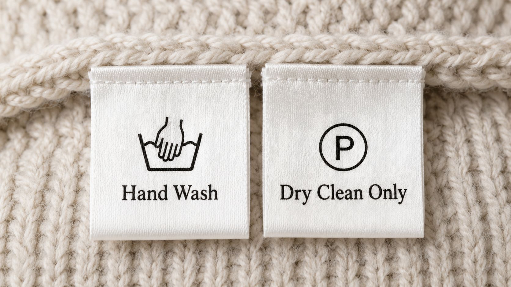 A close-up shot of a care label that says "Hand Wash" next to one that says "Dry Clean Only".