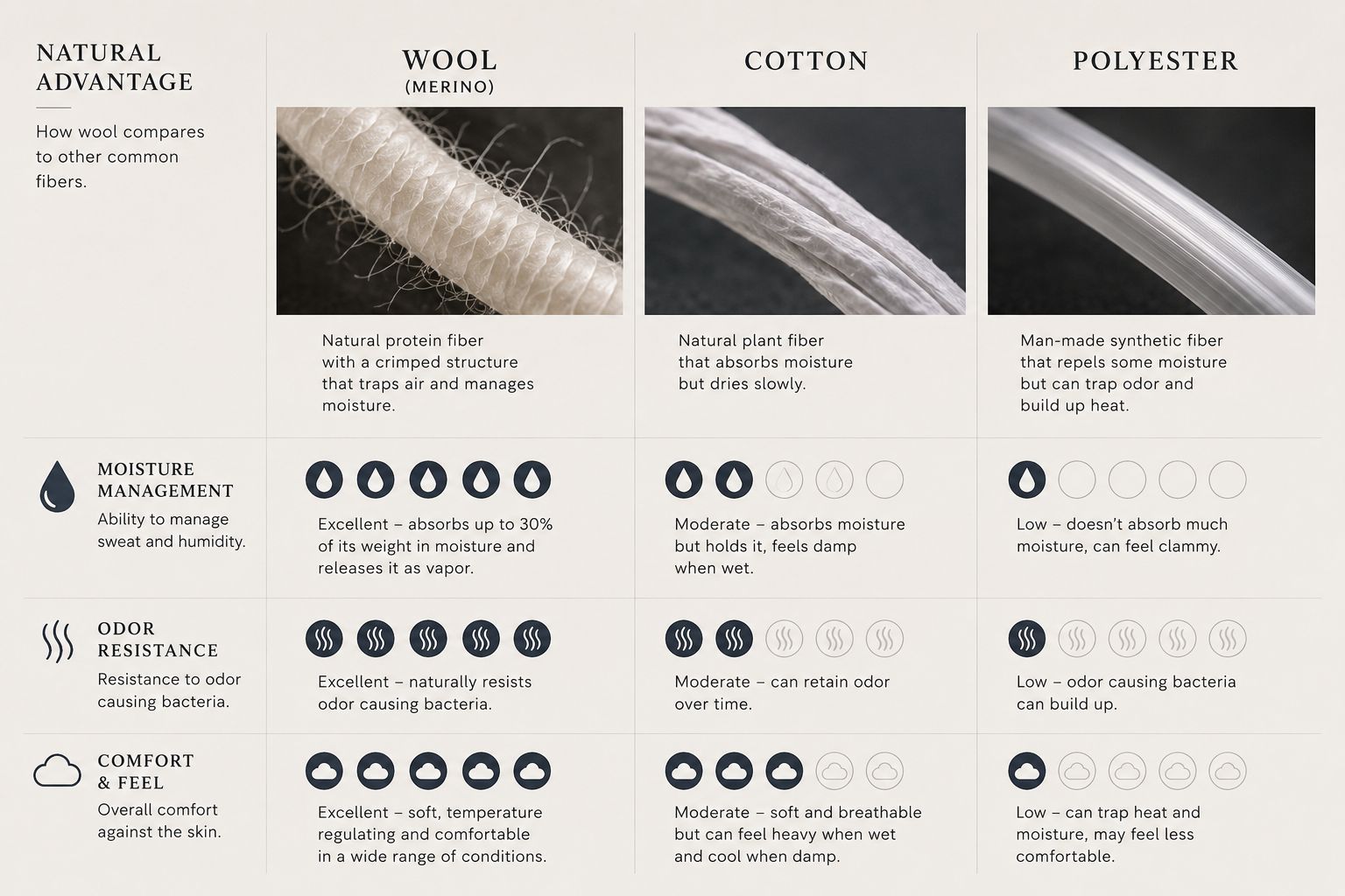 A comparison chart showing wool, cotton, and polyester fibers with icons for moisture, odor, and comfort.