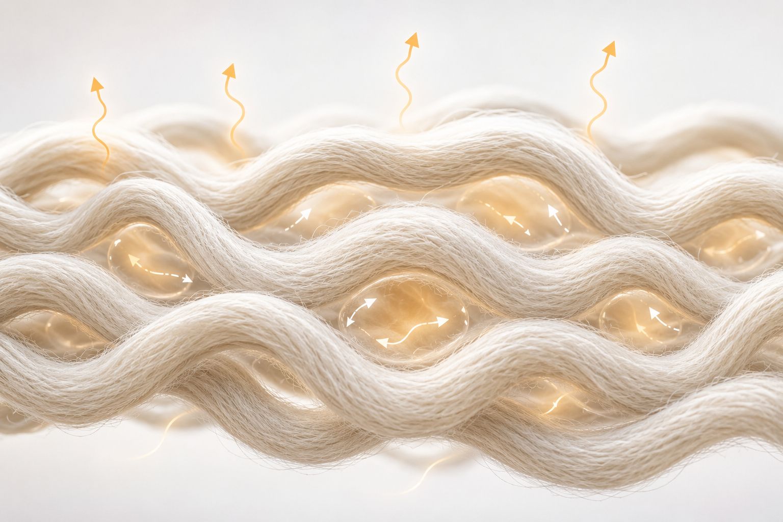 A diagram showing how merino wool fibers trap air to provide insulation