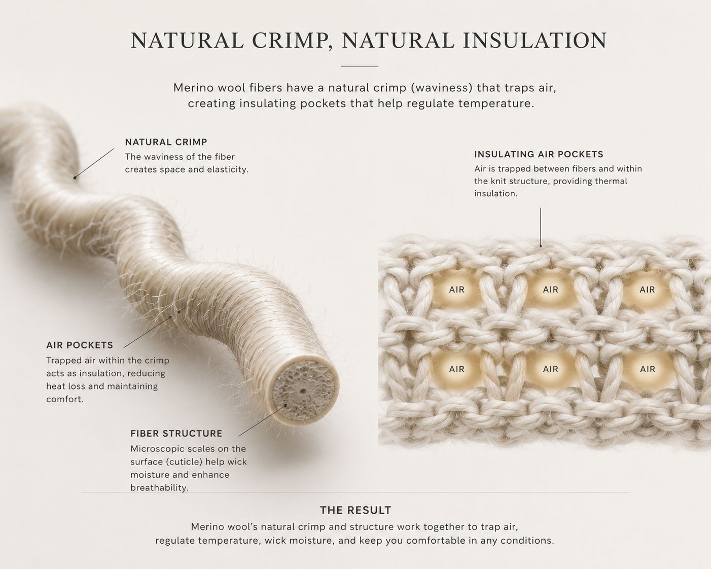 A diagram showing the natural crimp in wool fibers creating insulating air pockets.