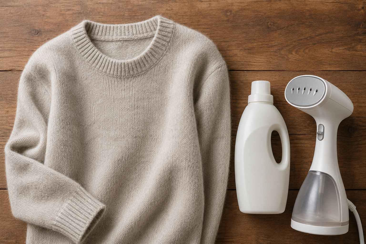 A flat lay of a soft Merino wool sweater next to a bottle of wool-safe detergent and a steamer, on a wooden background.