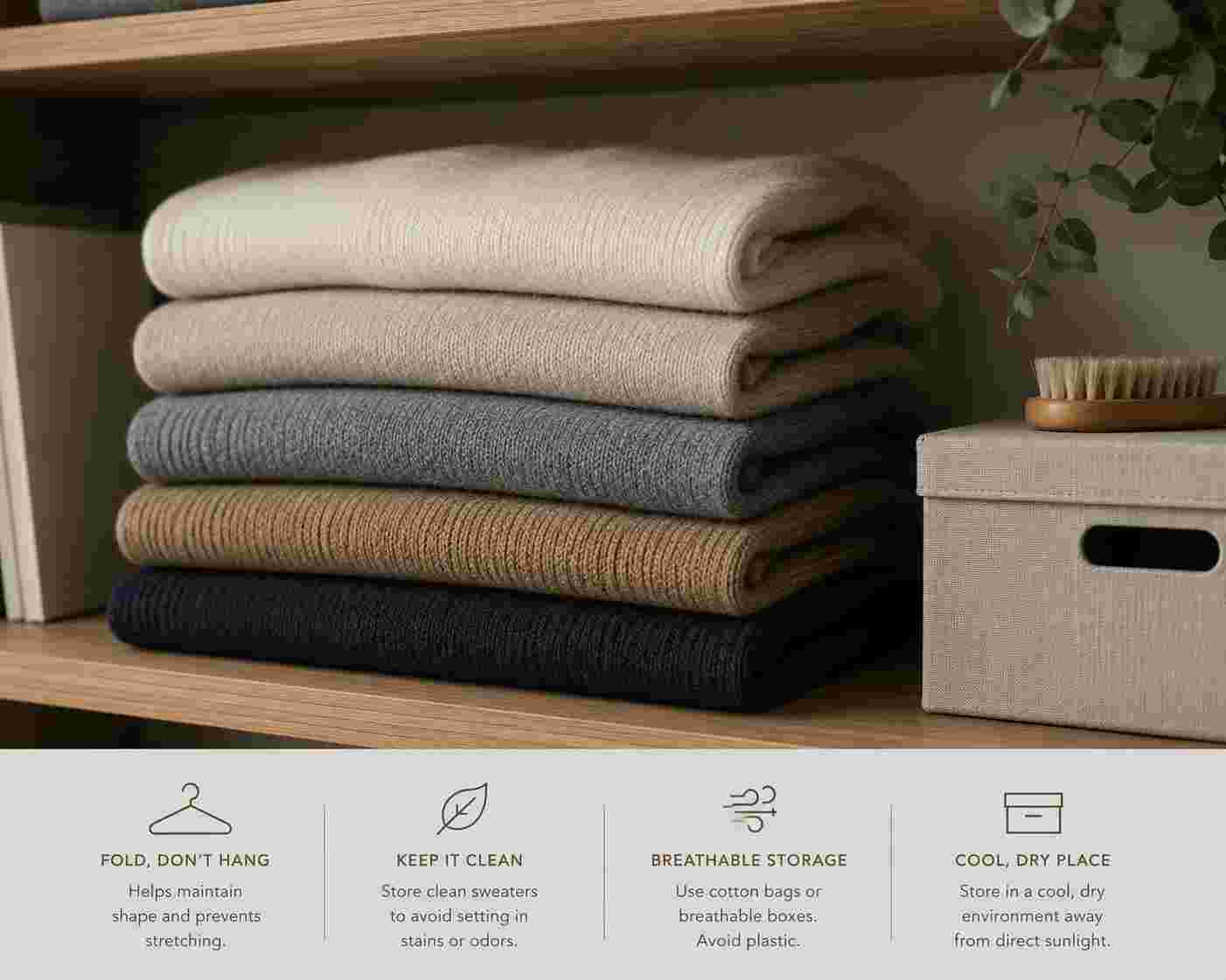A folded stack of sweaters on a shelf, showing proper storage