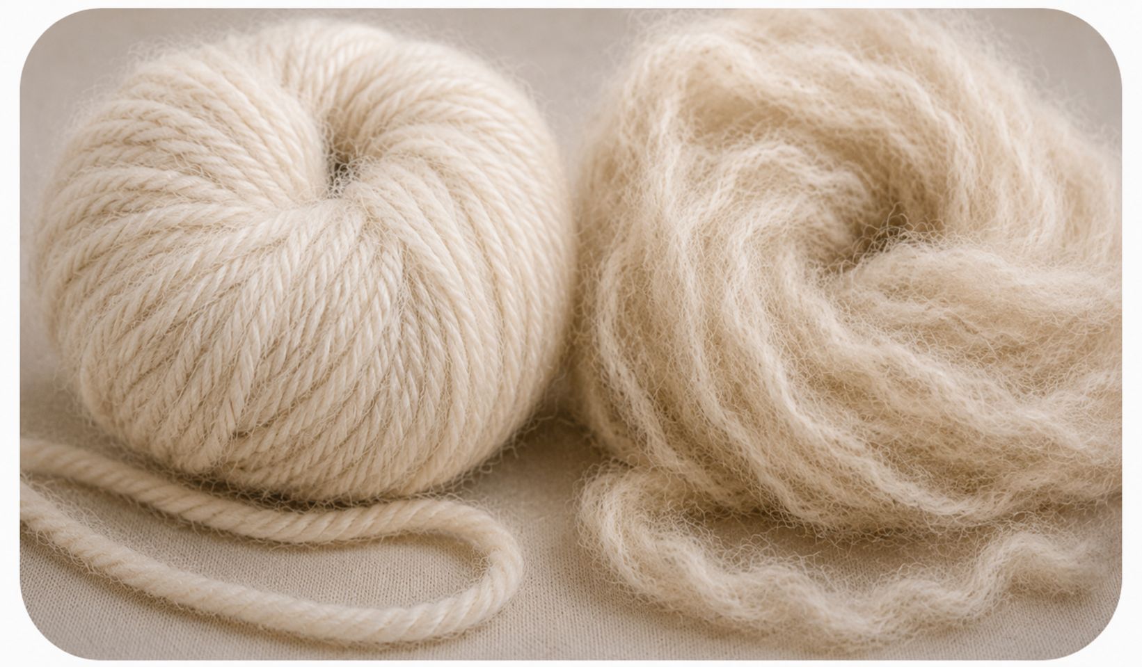 A macro photograph comparing two types of wool yarn: one is tightly twisted and stable, the other is loosely spun and fluffy, visually explaining yarn construction differences.