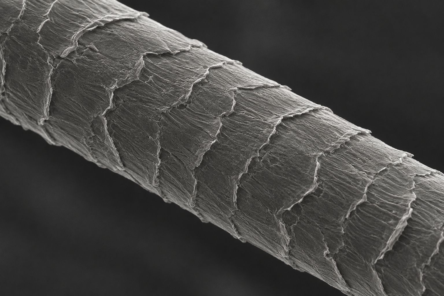 A microscopic close-up of a coarse wool fiber, showing its rough scales.