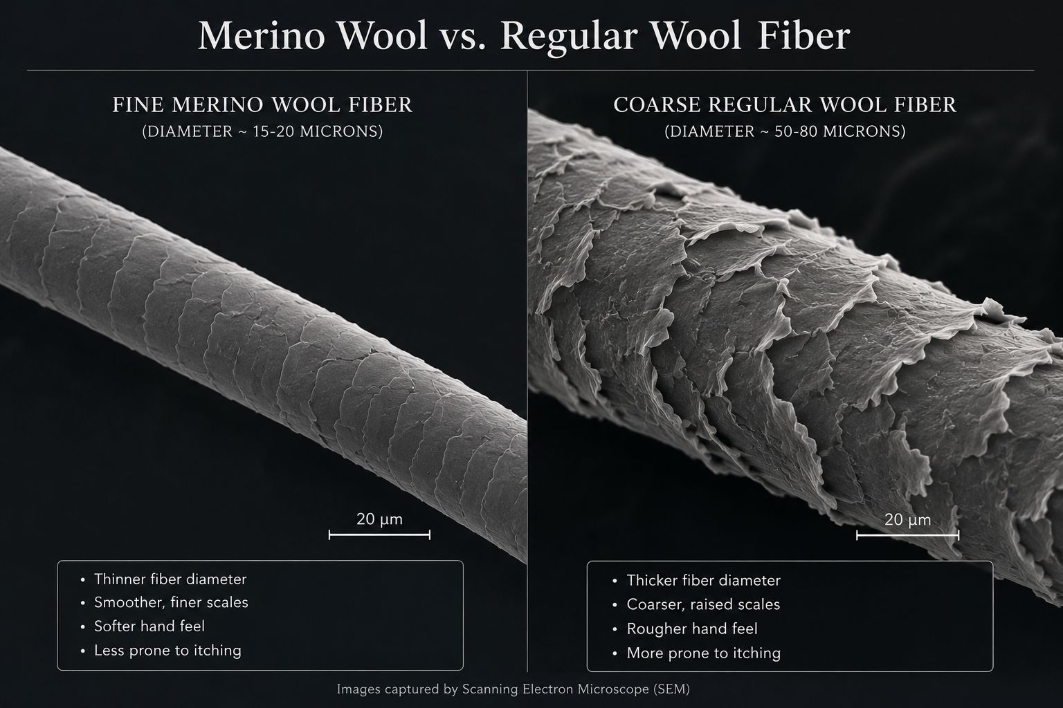 A microscopic comparison of a fine Merino wool fiber next to a coarse regular wool fiber