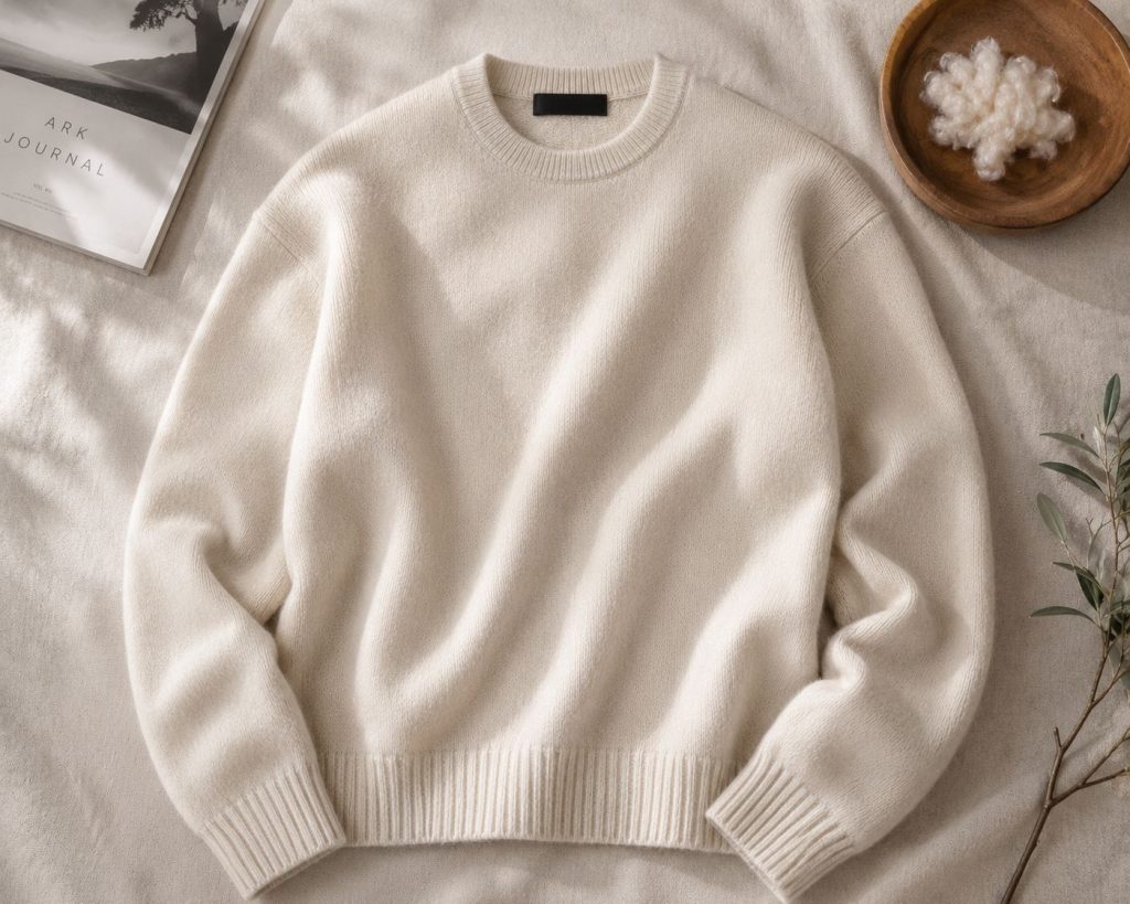 A minimalist flat lay of a luxuriously soft cream Merino wool sweater, its plush texture emphasized by soft natural light, commercial product photography.