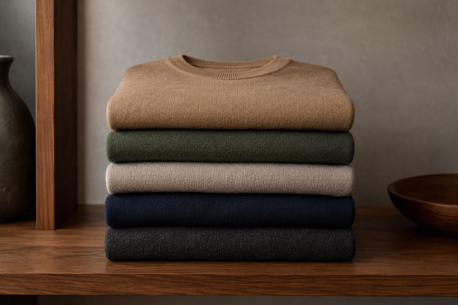 A neatly folded stack of Merino wool sweaters in different colors on a wooden shelf.