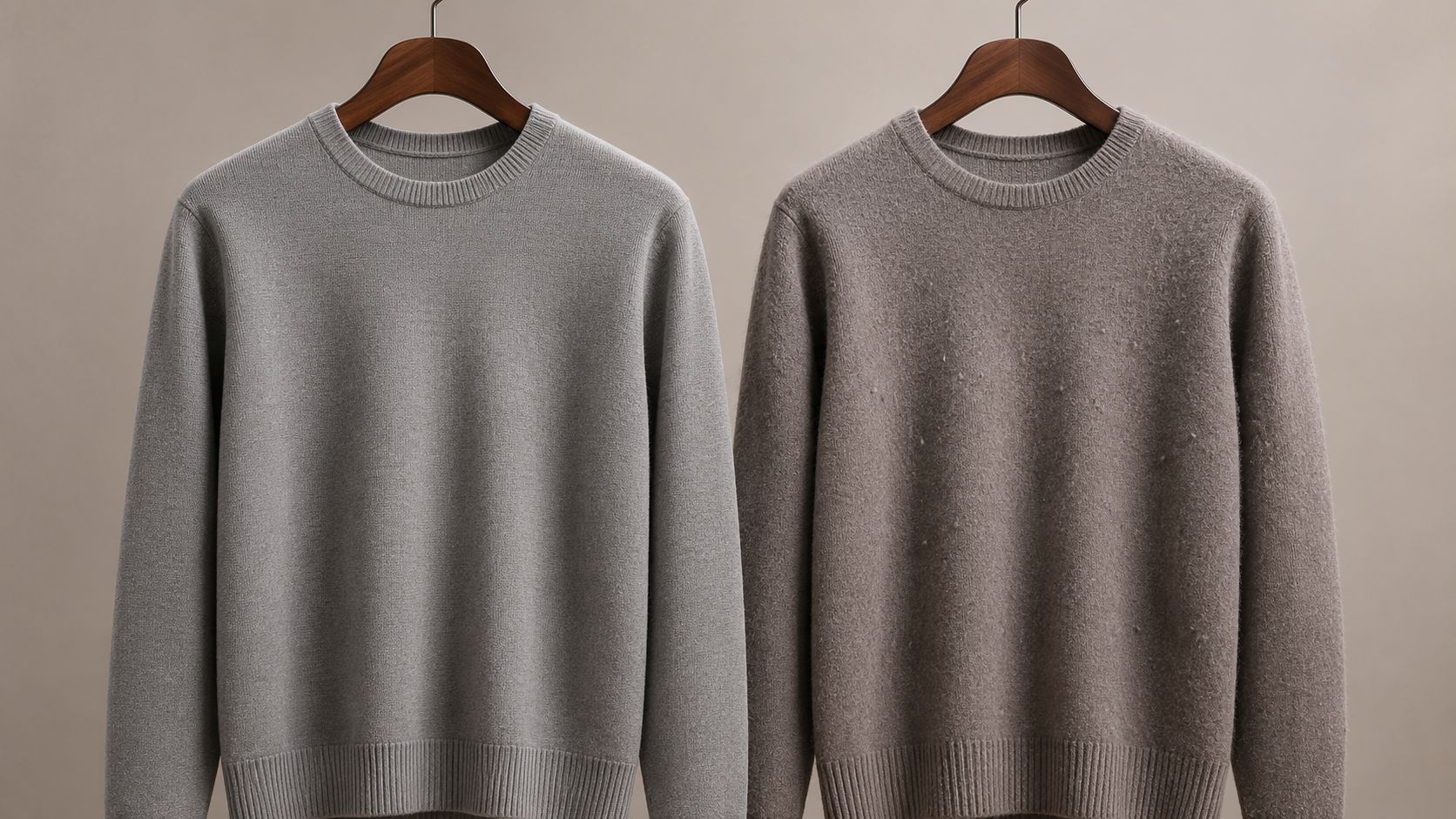 A perfectly shaped Merino wool sweater hanging neatly, contrasted with a slightly pilled cashmere sweater.