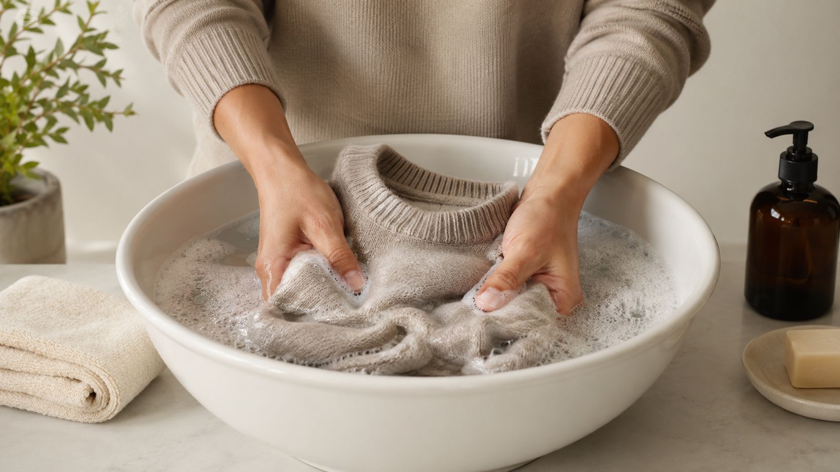 A person gently hand-washing a Merino wool sweater in a clean basin with suds.