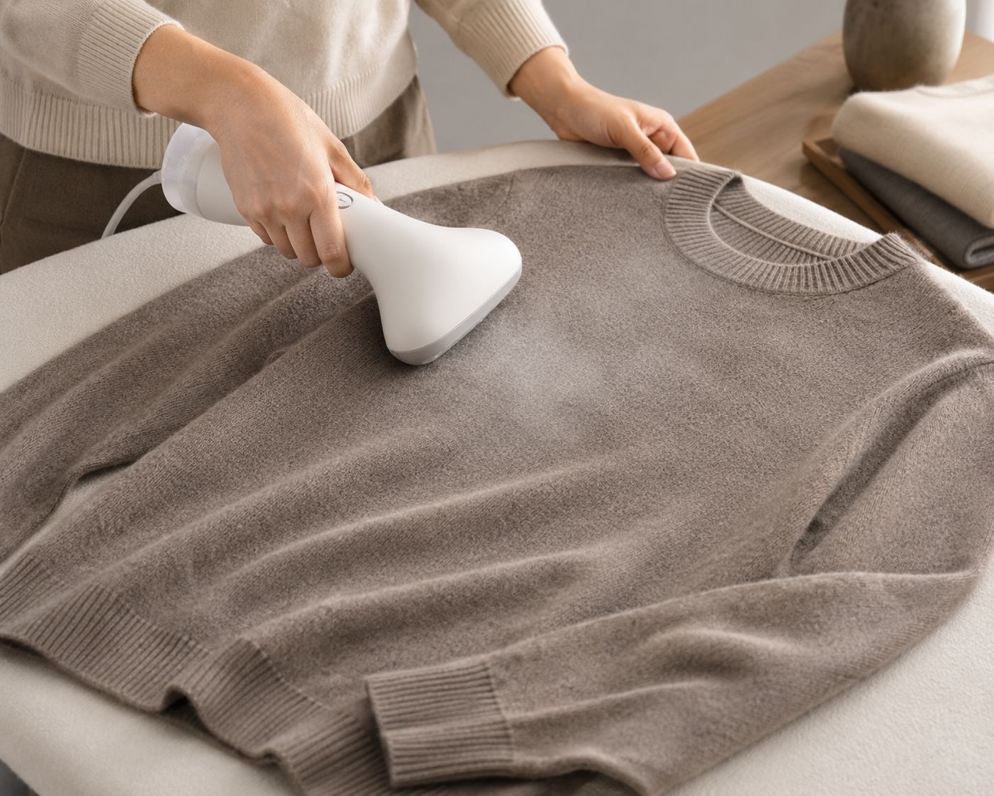 A person gently steaming a wool sweater that is laid flat on an ironing board.