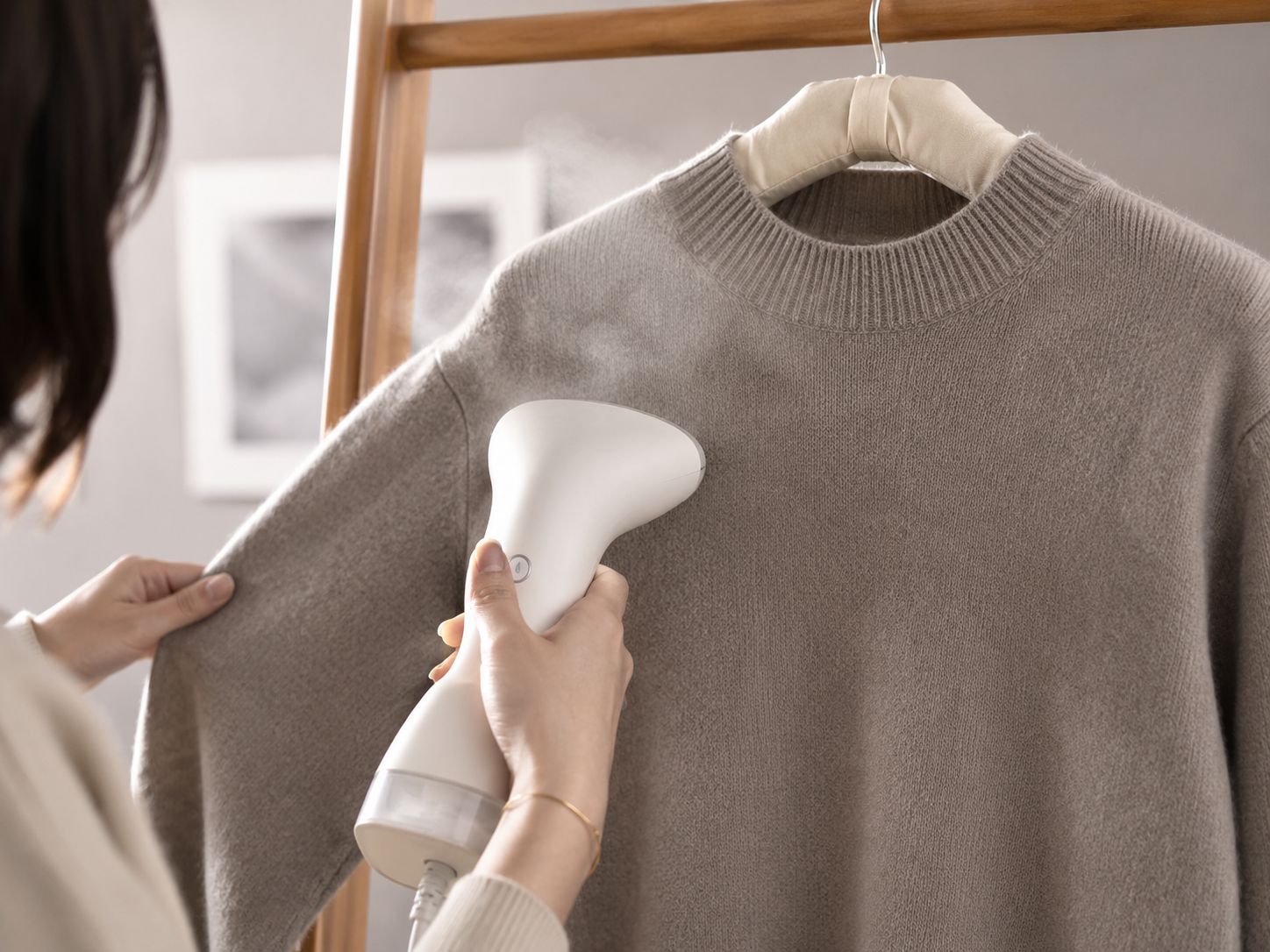 A person using a handheld steamer on a wool sweater hanging on a padded hanger.