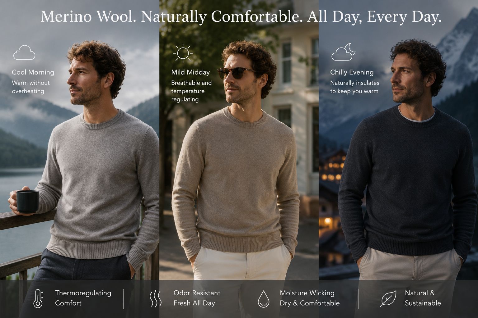 A person wearing a Merino wool sweater comfortably in changing weather conditions
