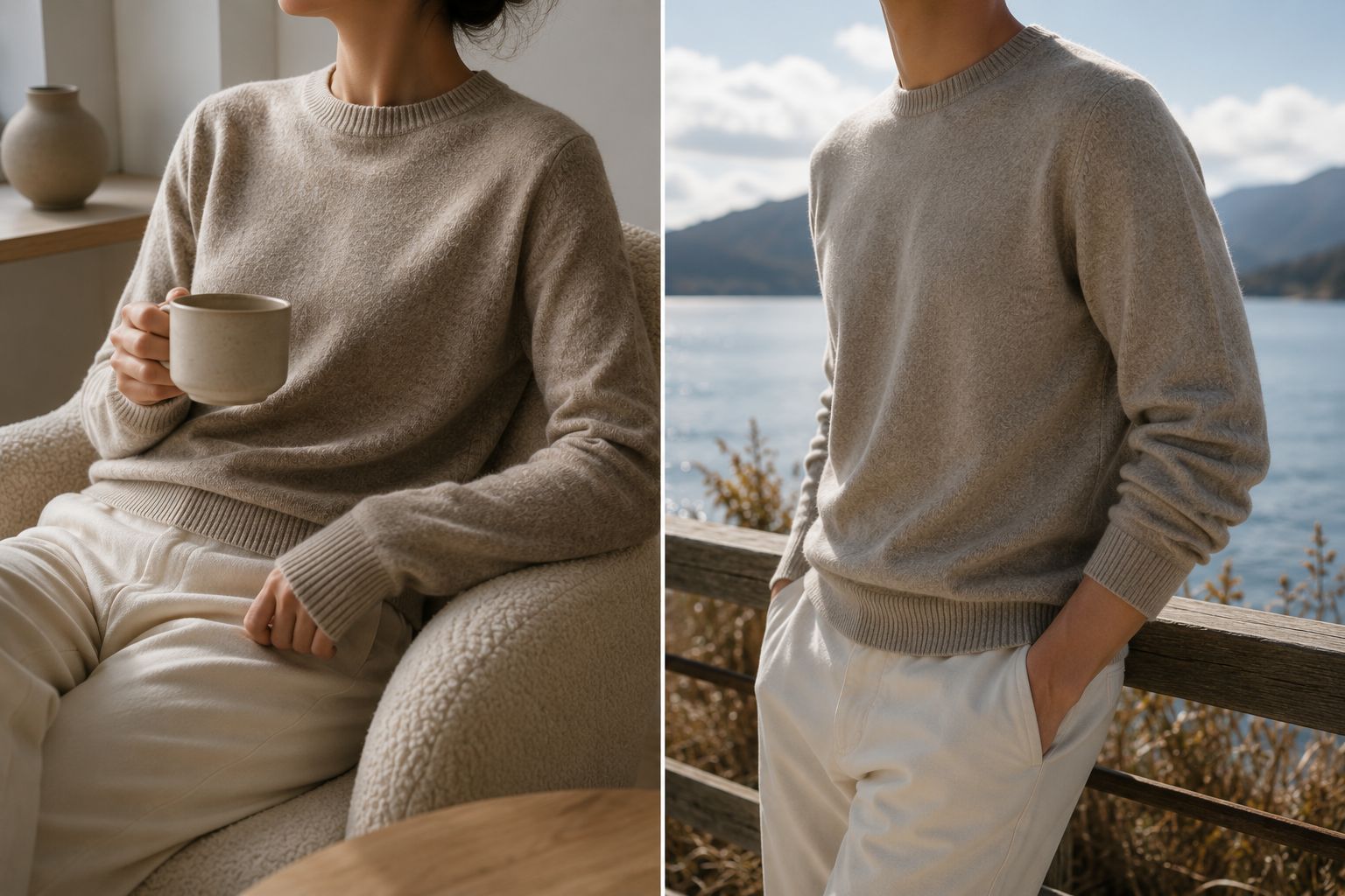 A person wearing a merino sweater looking comfortable both indoors and outdoors