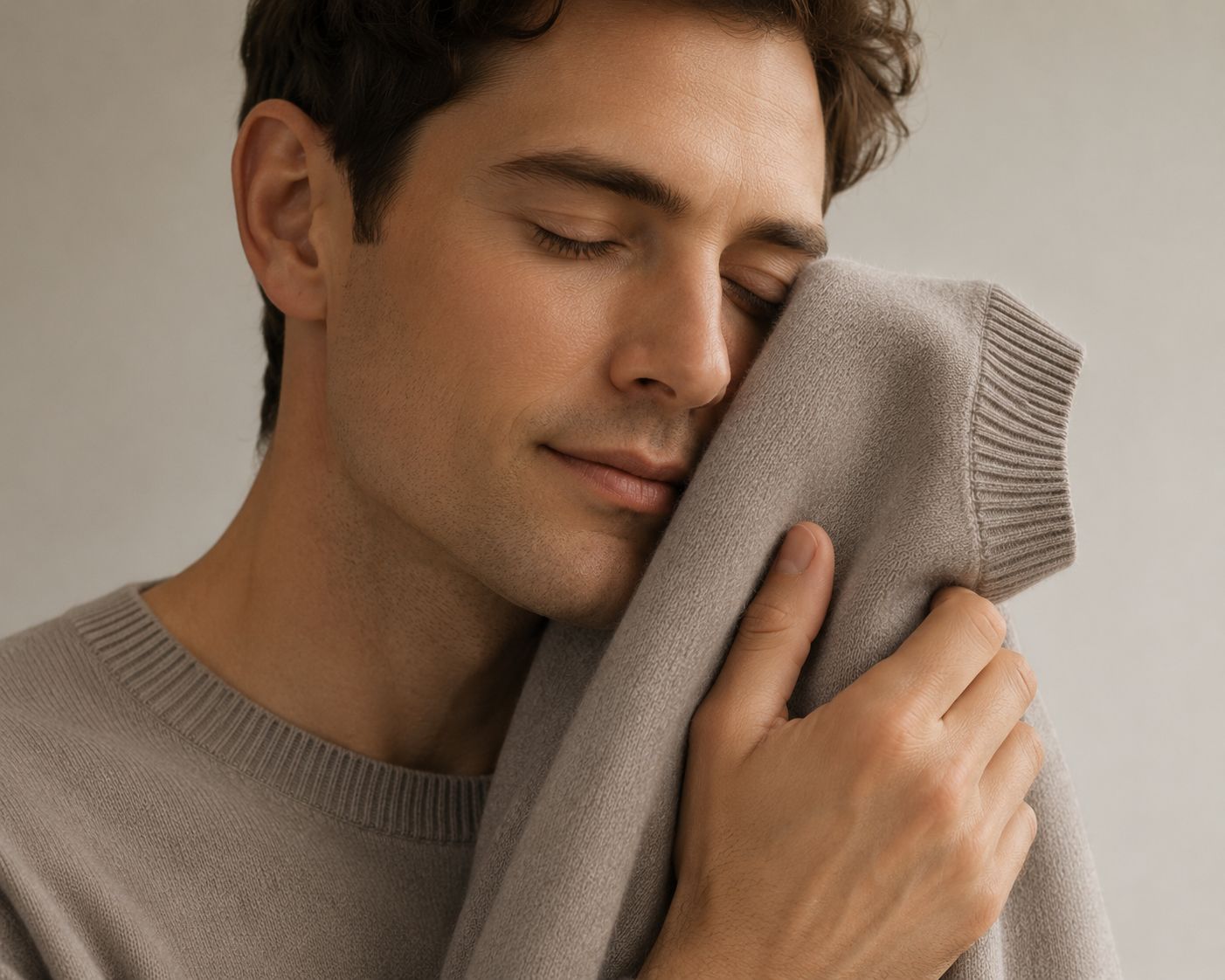 A person with sensitive skin comfortably touching a fine-micron Merino wool sweater to their cheek.