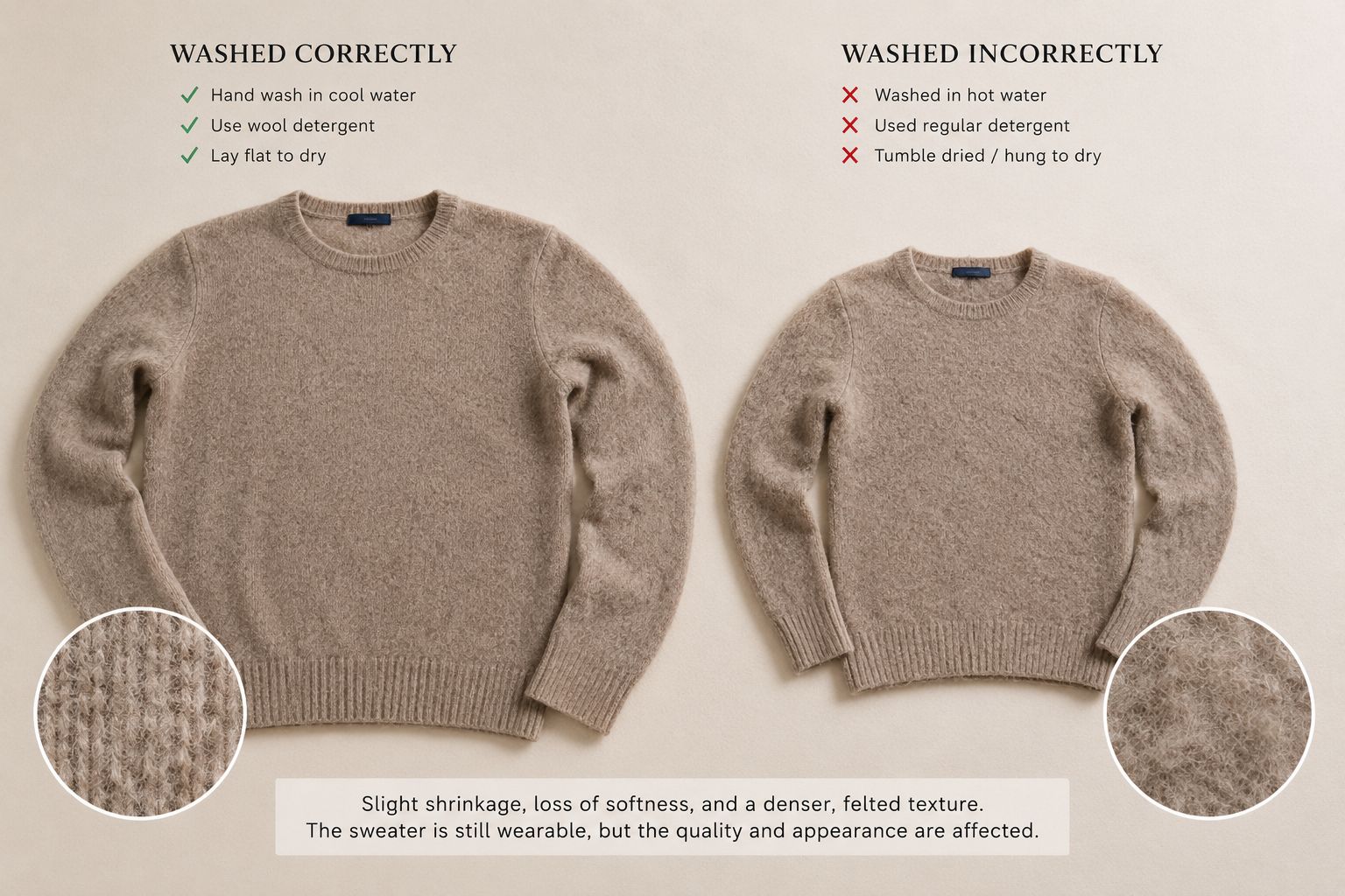 A shrunken, felted wool sweater next to a normal-sized one for a dramatic comparison.