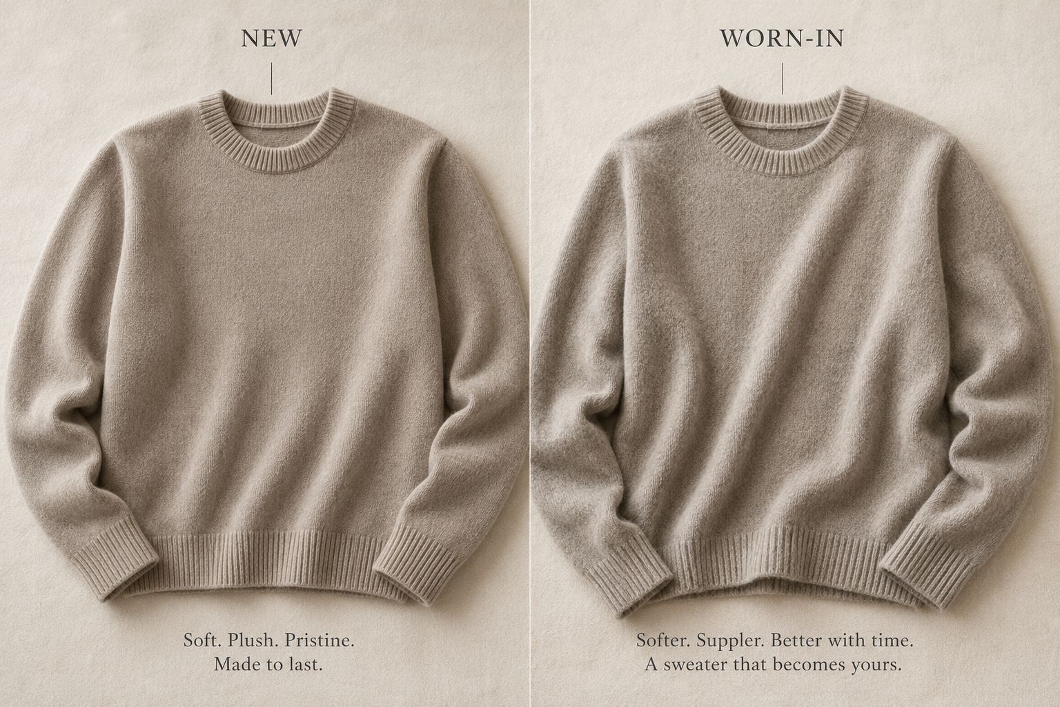 A side-by-side comparison of a new wool sweater and a beautifully worn-in one, both looking soft.