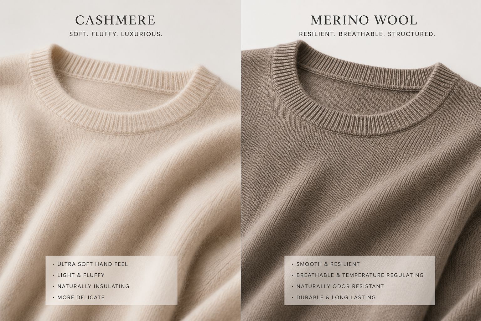 A side-by-side comparison of a soft, fluffy cashmere knit and a resilient, structured Merino wool knit.