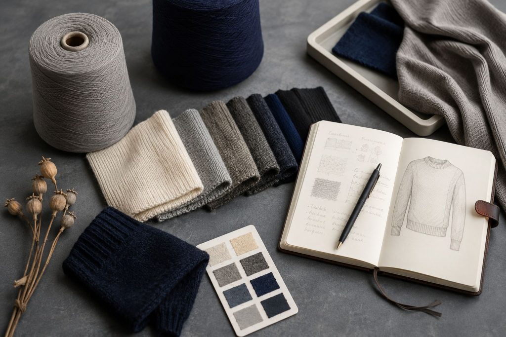A sophisticated flat lay of Merino wool swatches, yarn cones, and a designer's notebook, shot in soft, natural light.