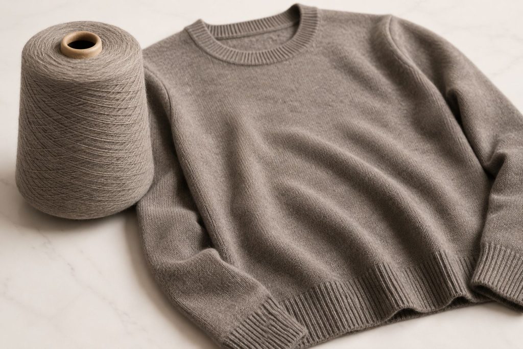 A spool of high-quality merino wool yarn sits beside a finished knit sweater