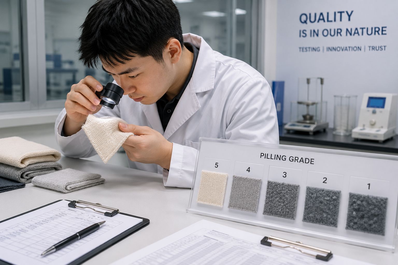 A technician in a lab coat carefully inspecting a knit fabric swatch with a magnifying tool, representing the rigorous quality control process in a modern factory.