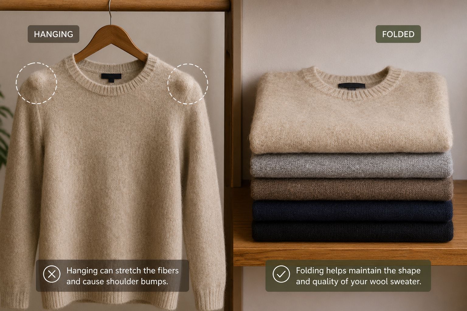 A wool sweater hanging on a hanger with visible shoulder bumps compared to a neatly folded one.