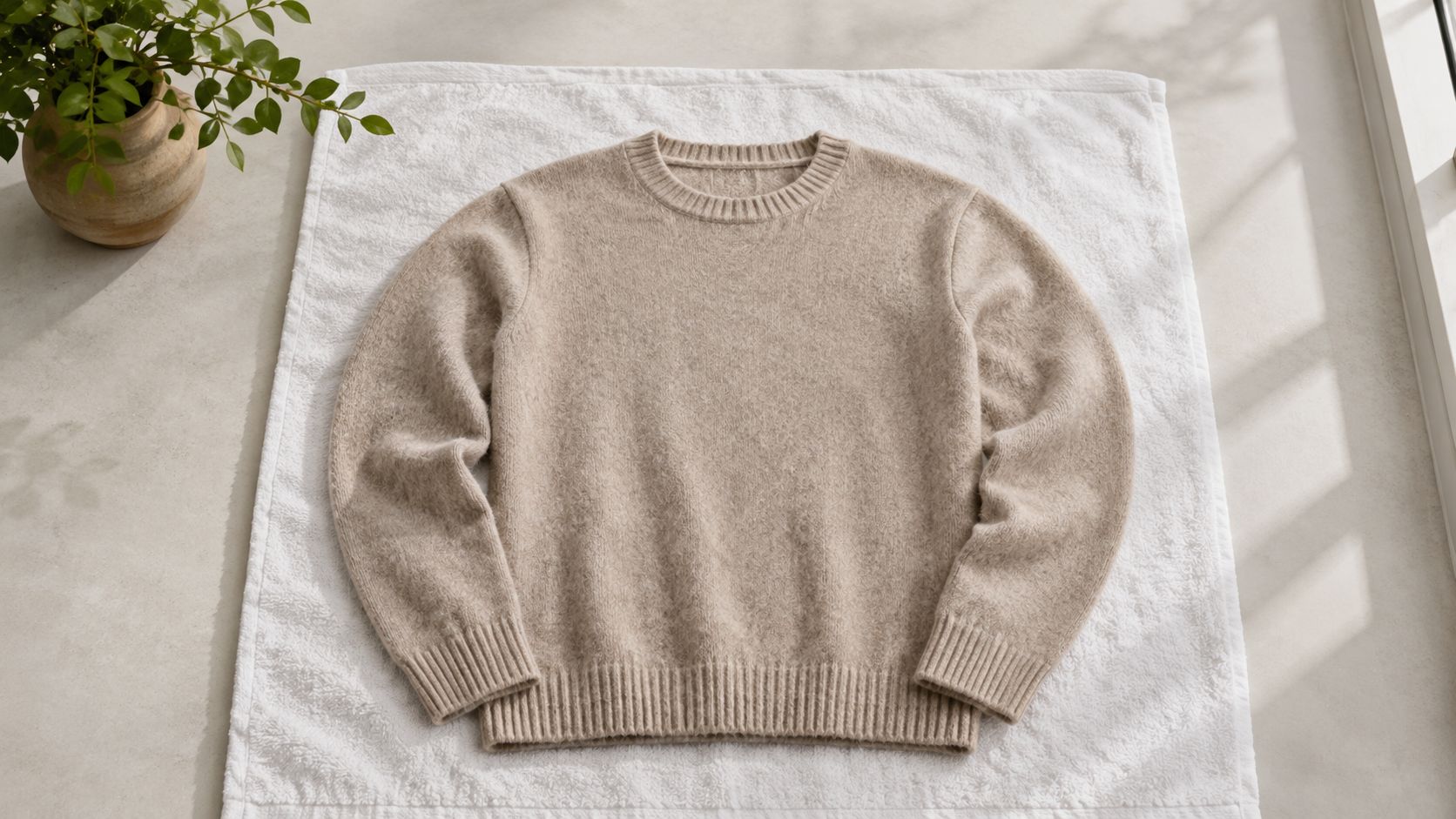 A wool sweater laid out perfectly flat on a clean towel to air dry.