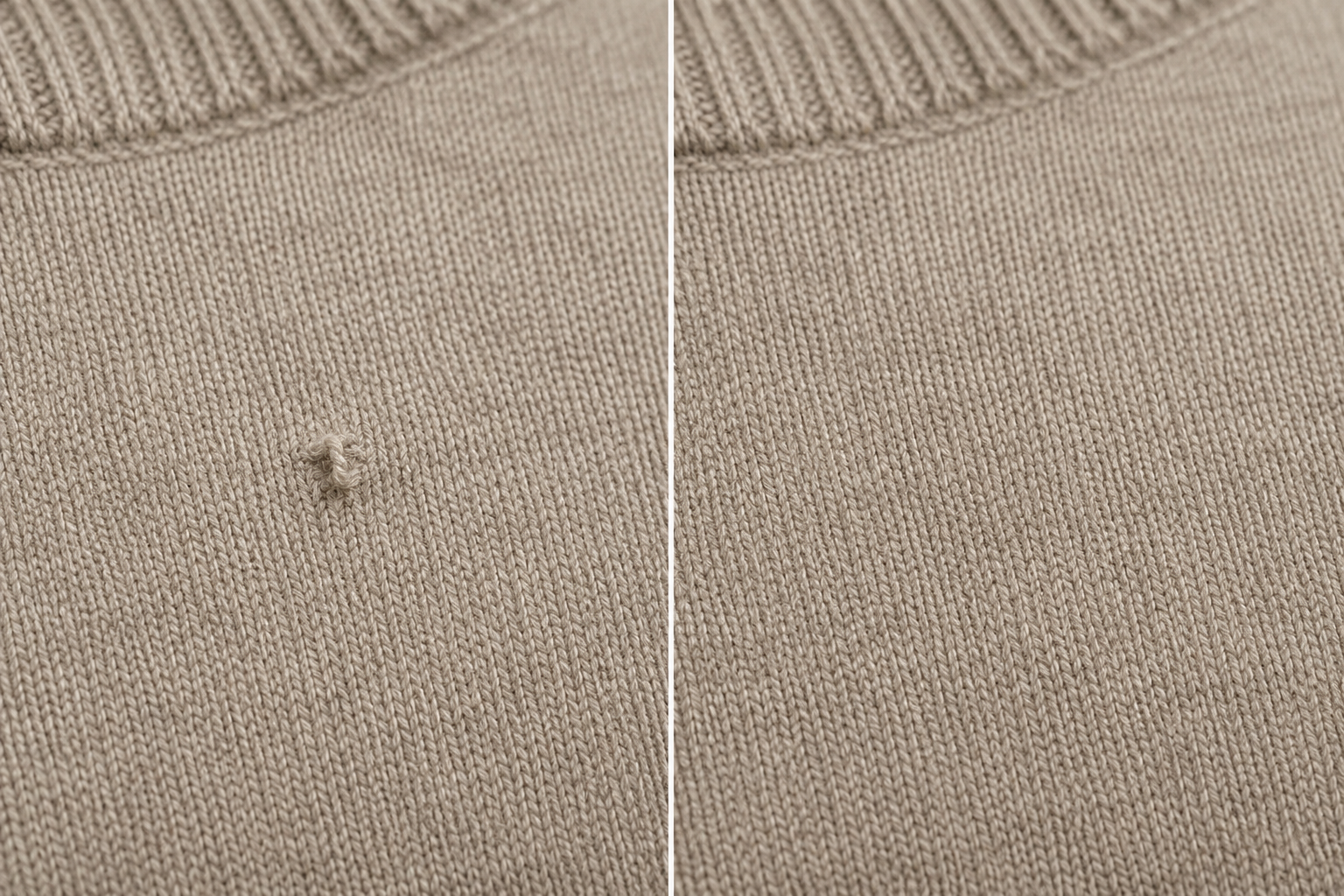 Before and after shots of a sweater with a snag that has been repaired