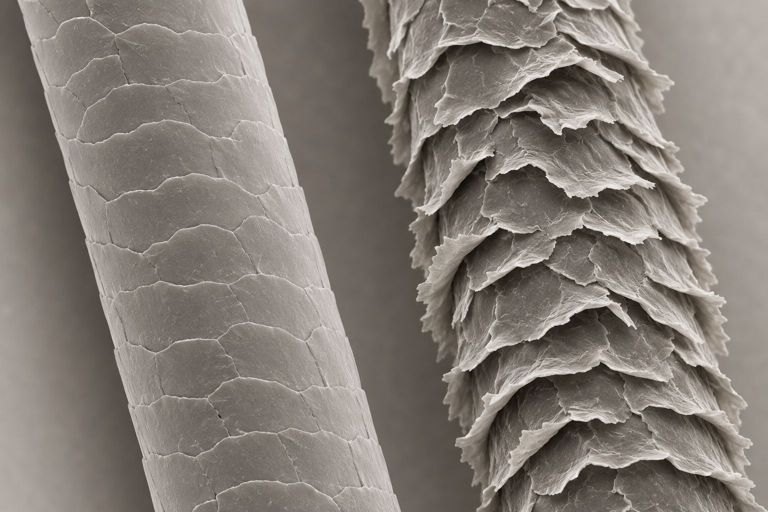 Close-up microscopic view of wool fibers, showing the difference between smooth scales and rough, flared scales.