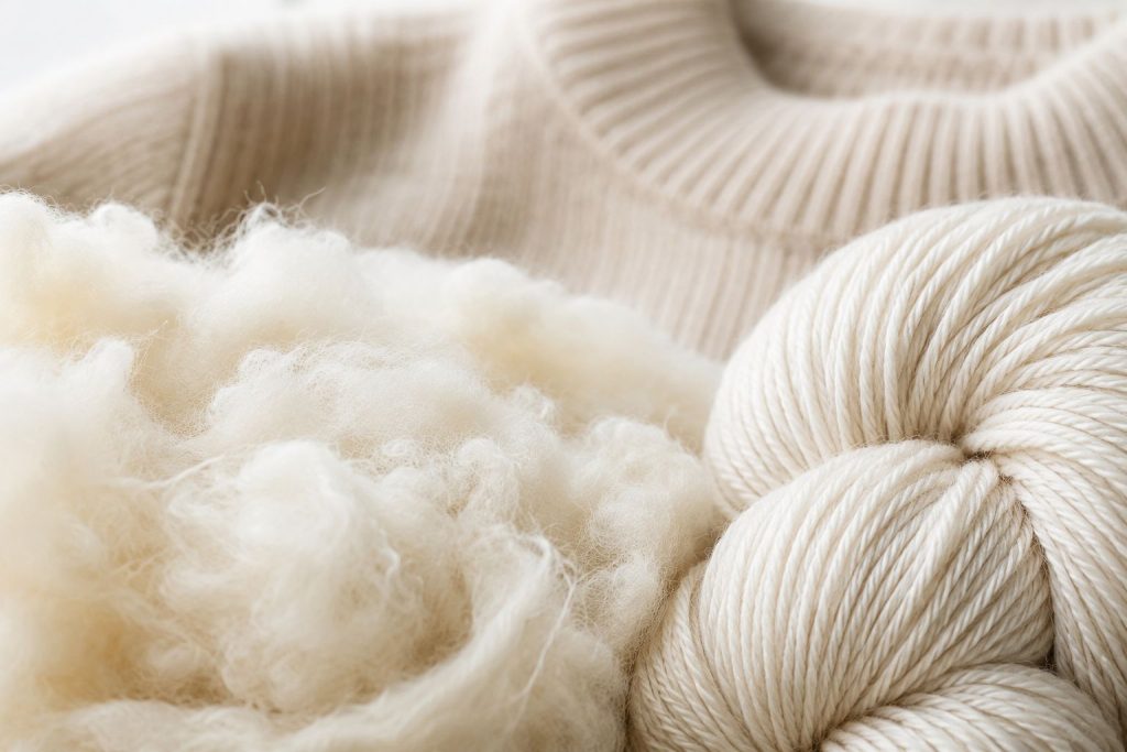 Macro close-up of raw merino wool fibers transitioning smoothly into spun yarn, a luxury knit sweater blurred in the background, bright, clean commercial photography.