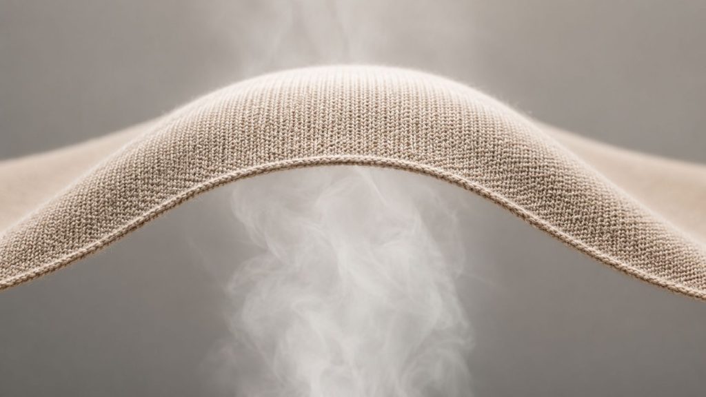 Macro photograph of a soft plume of steam passing through a merino wool knit fabric, clearly demonstrating its breathability, minimalist background, clean studio lighting.